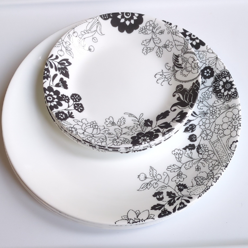 12 Corelle Uptown Garden Plates, 6 Appetizer & 6 Dinner, Black & White Floral - Picture 3 of 15